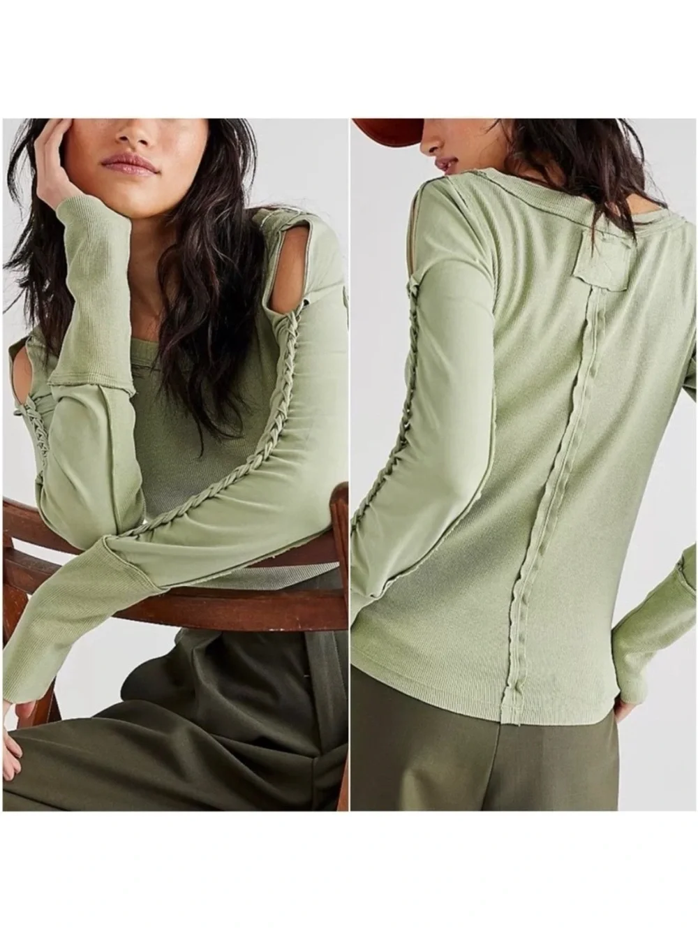 Free People Green Tea Leaves Daisy Chain Cuff Shirt